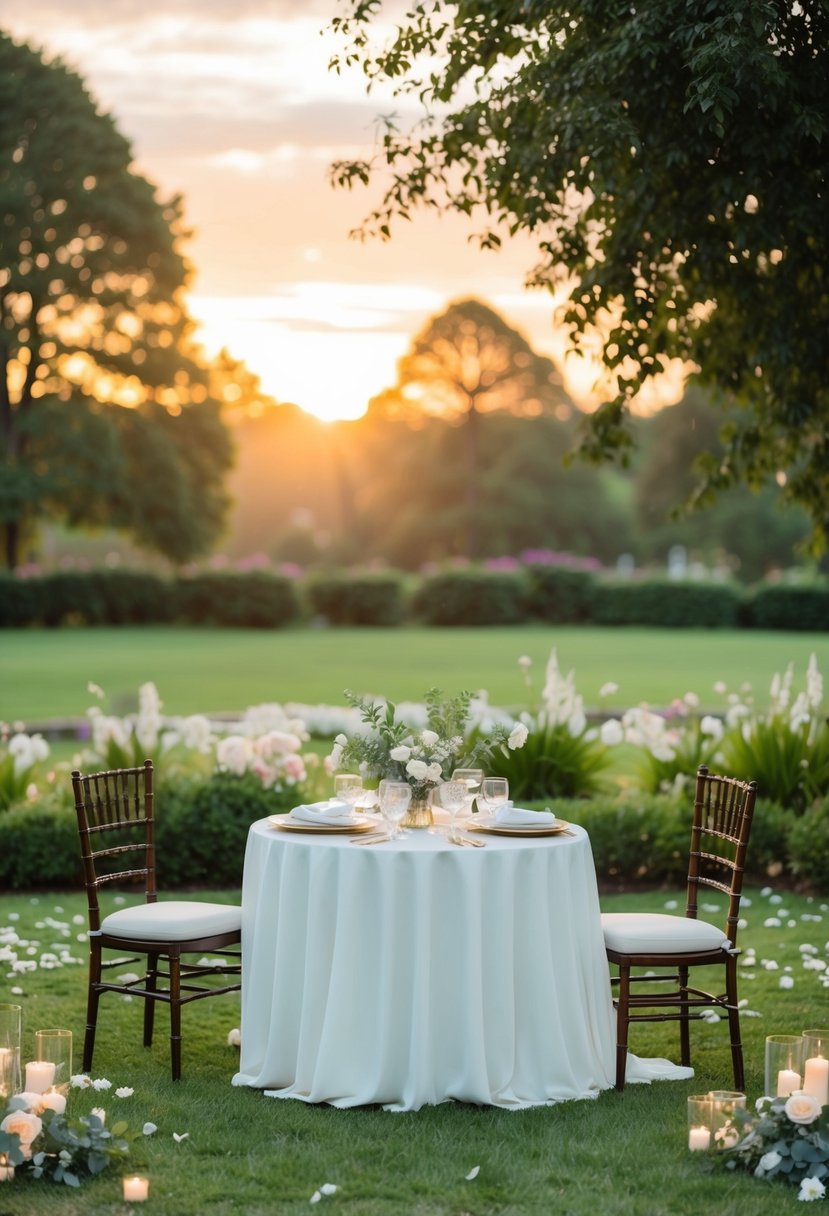 Sunrise over a tranquil garden with scattered wedding decor and flowers, a table set for two, and a soft morning light filtering through the trees