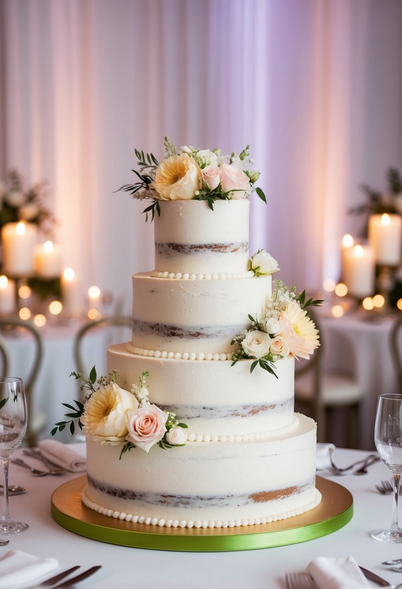 A three-tiered wedding cake adorned with fresh flowers and delicate icing details, set against a backdrop of soft candlelight and elegant table decor