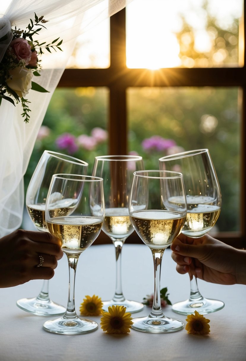 A group of glasses clinking together in a circle, surrounded by flowers and a wedding veil, as the morning light streams through the window