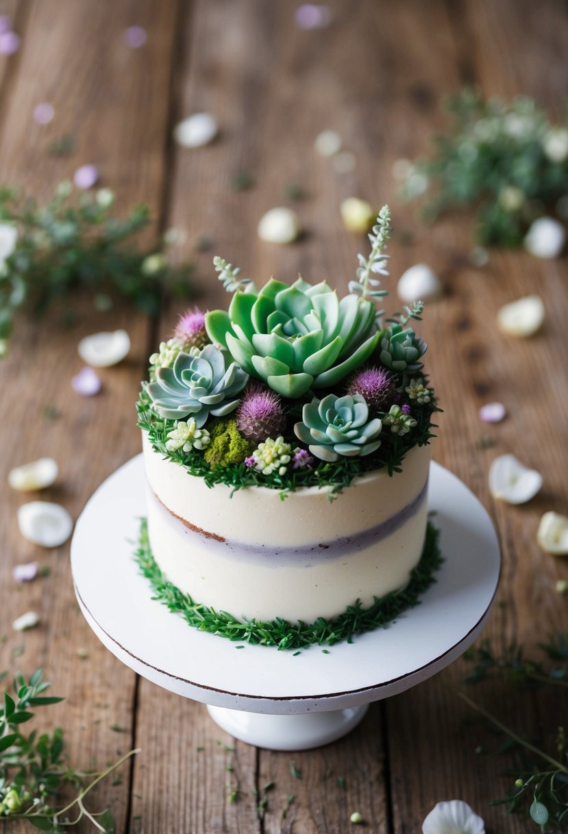 A mini garden-themed cake adorned with succulents sits on a rustic wooden table, surrounded by scattered flower petals and delicate greenery