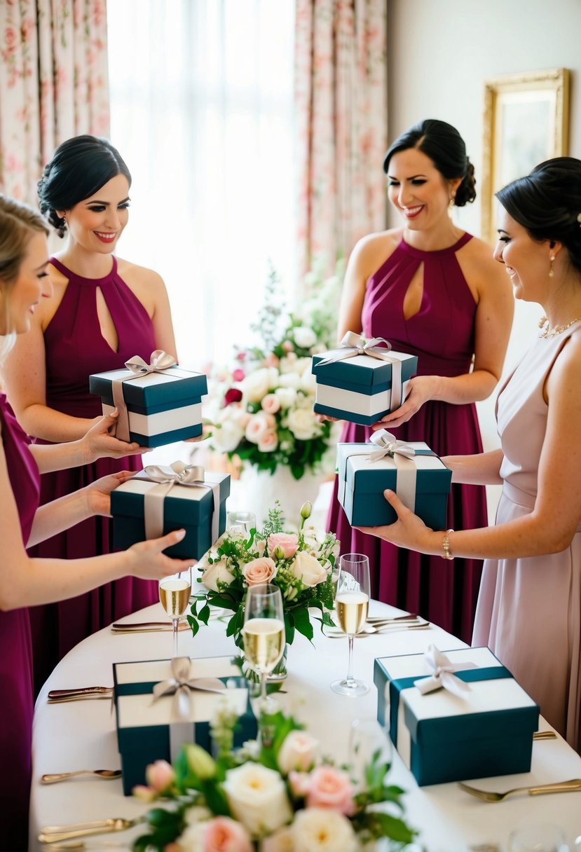 Bridesmaids receiving personalized gifts in elegant packaging on a beautifully set table, with flowers and champagne in the background