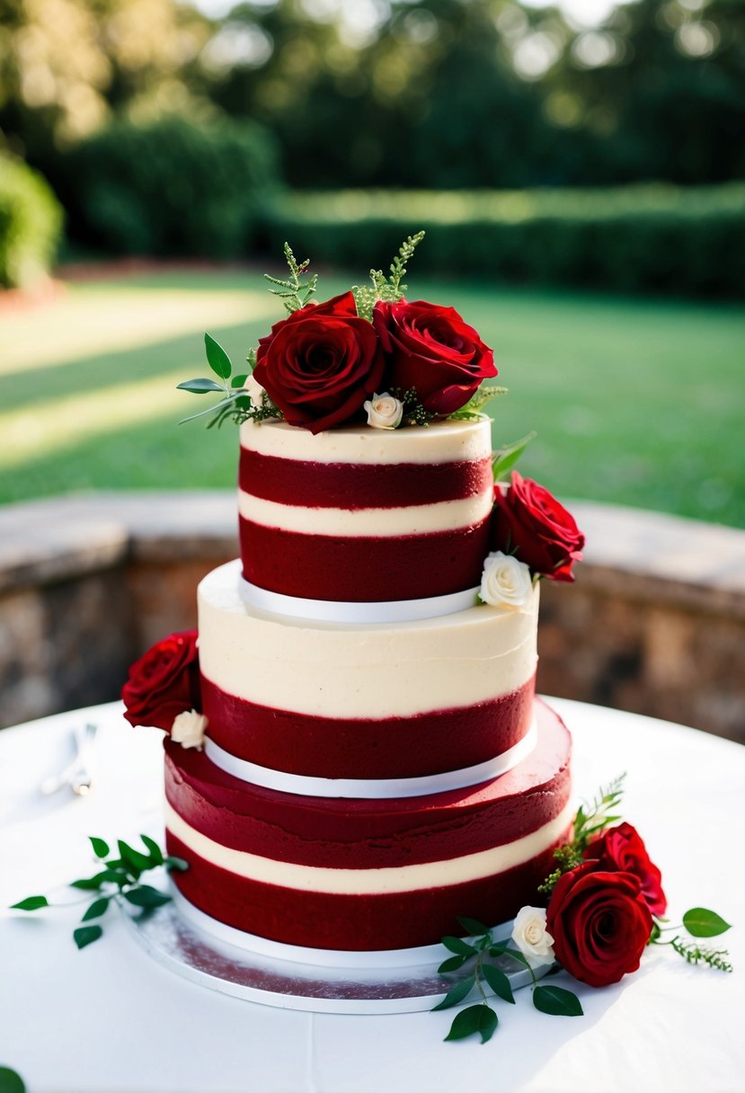 A three-tiered red velvet wedding cake with cream cheese frosting, adorned with delicate red roses and greenery