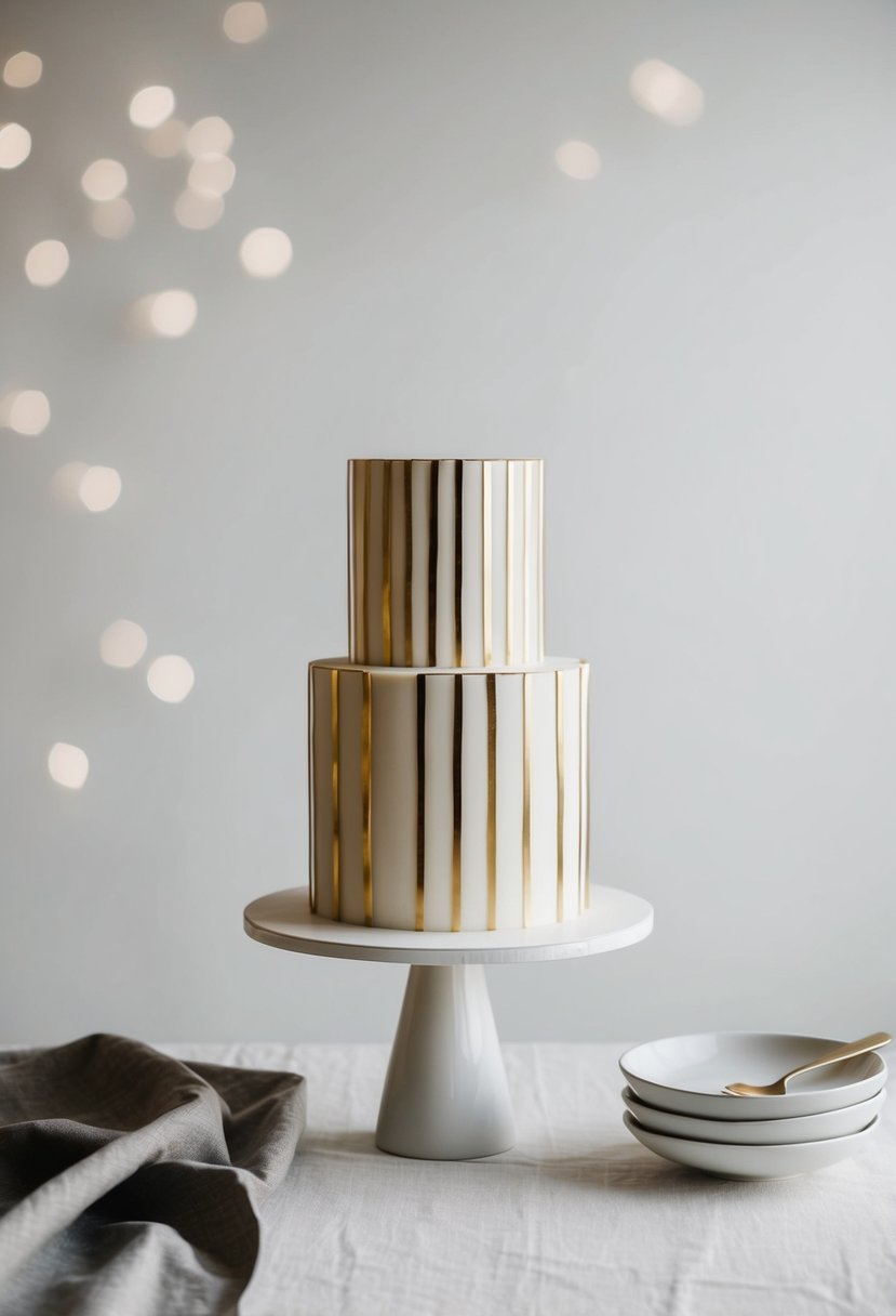 A modern geometric cake with gold lines on a minimalist table setting