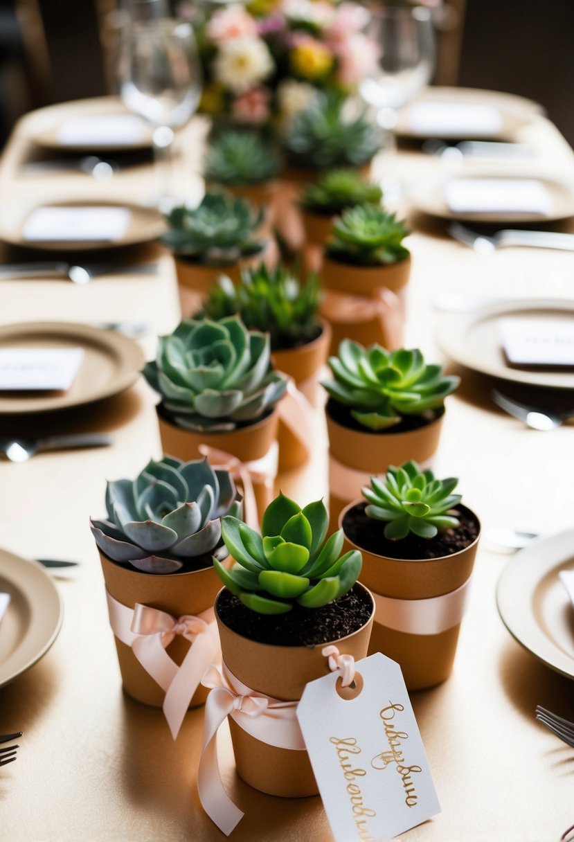 A table adorned with small potted succulents, wrapped in pastel ribbons, and accompanied by delicate handwritten name tags