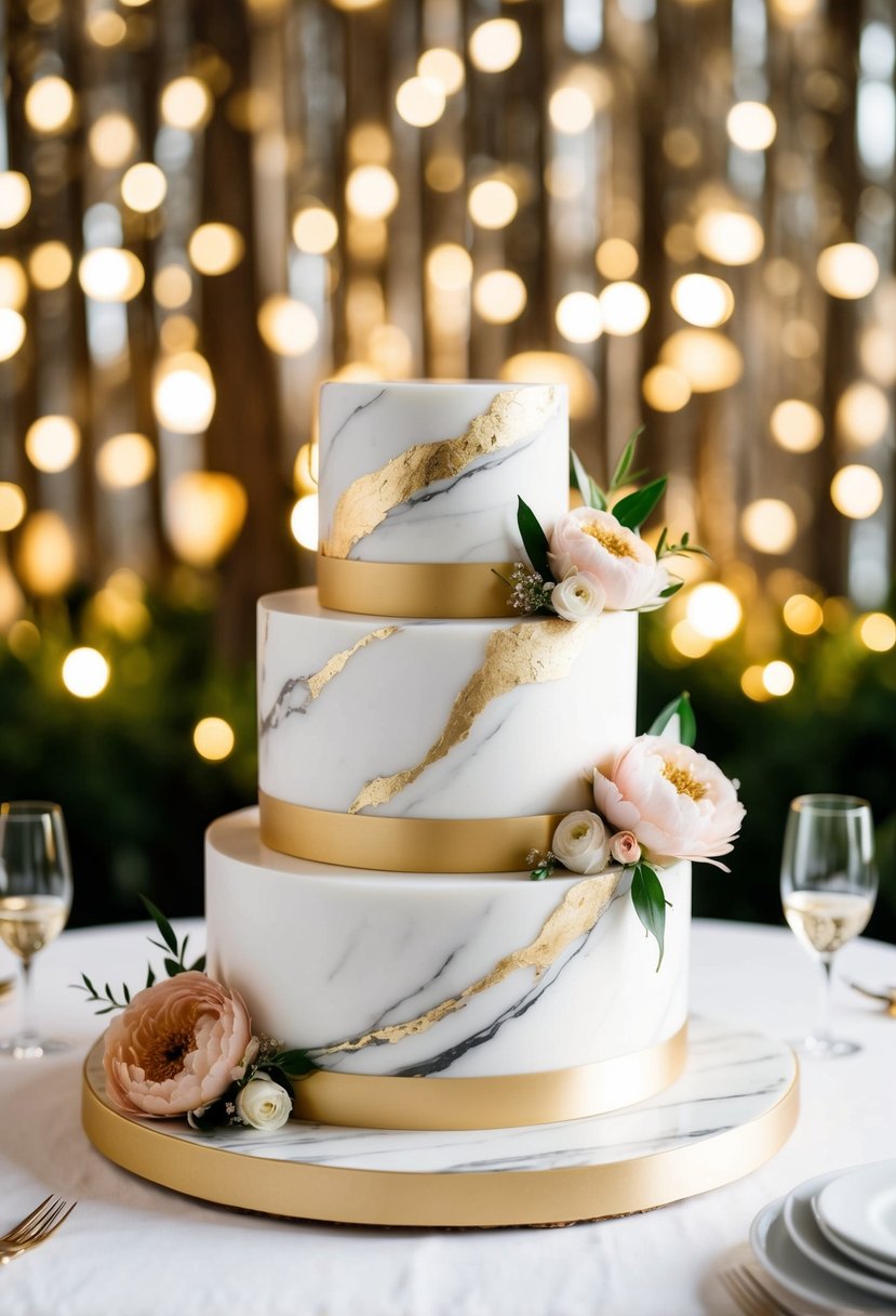 A three-tiered marble cake adorned with gold leaf and elegant floral accents