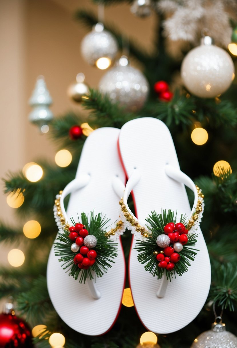 A pair of white wedding flip flops adorned with seasonal decorations