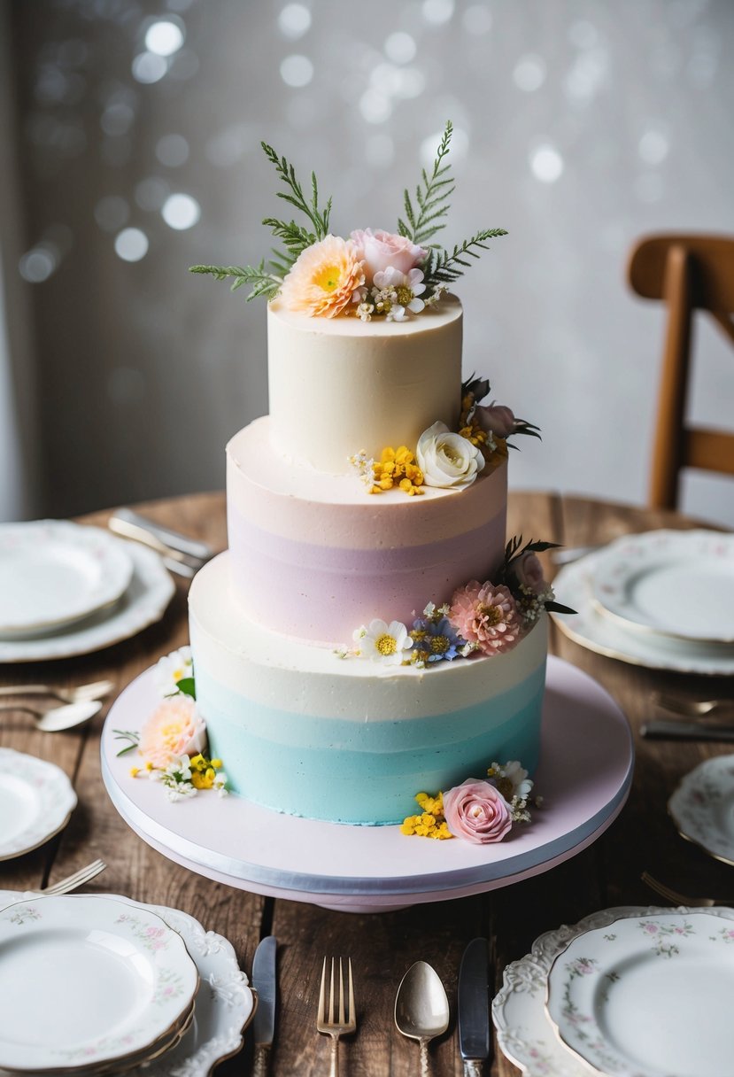 A three-tiered pastel ombre cake adorned with edible flowers sits on a rustic wooden table, surrounded by delicate porcelain plates and vintage silverware