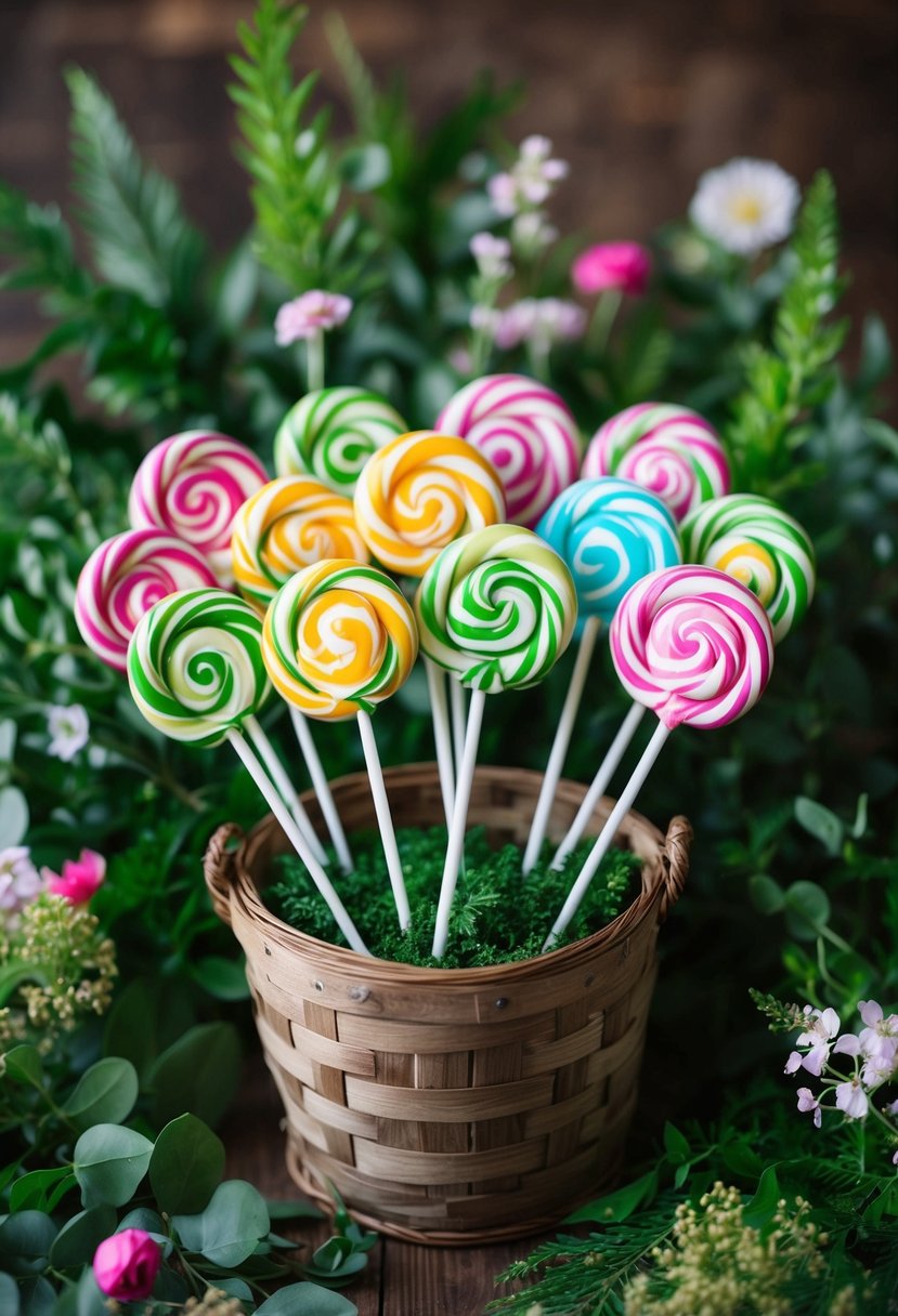 Vibrant botanical lollipops arranged in a rustic basket, surrounded by lush greenery and delicate floral accents