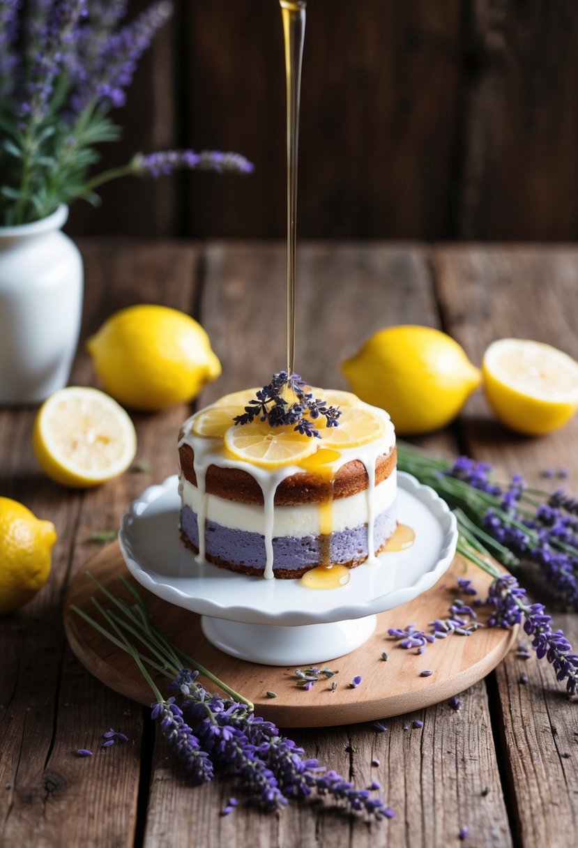 A small lemon lavender cake with a honey drip sits on a rustic wooden table, surrounded by fresh lavender sprigs and slices of lemon