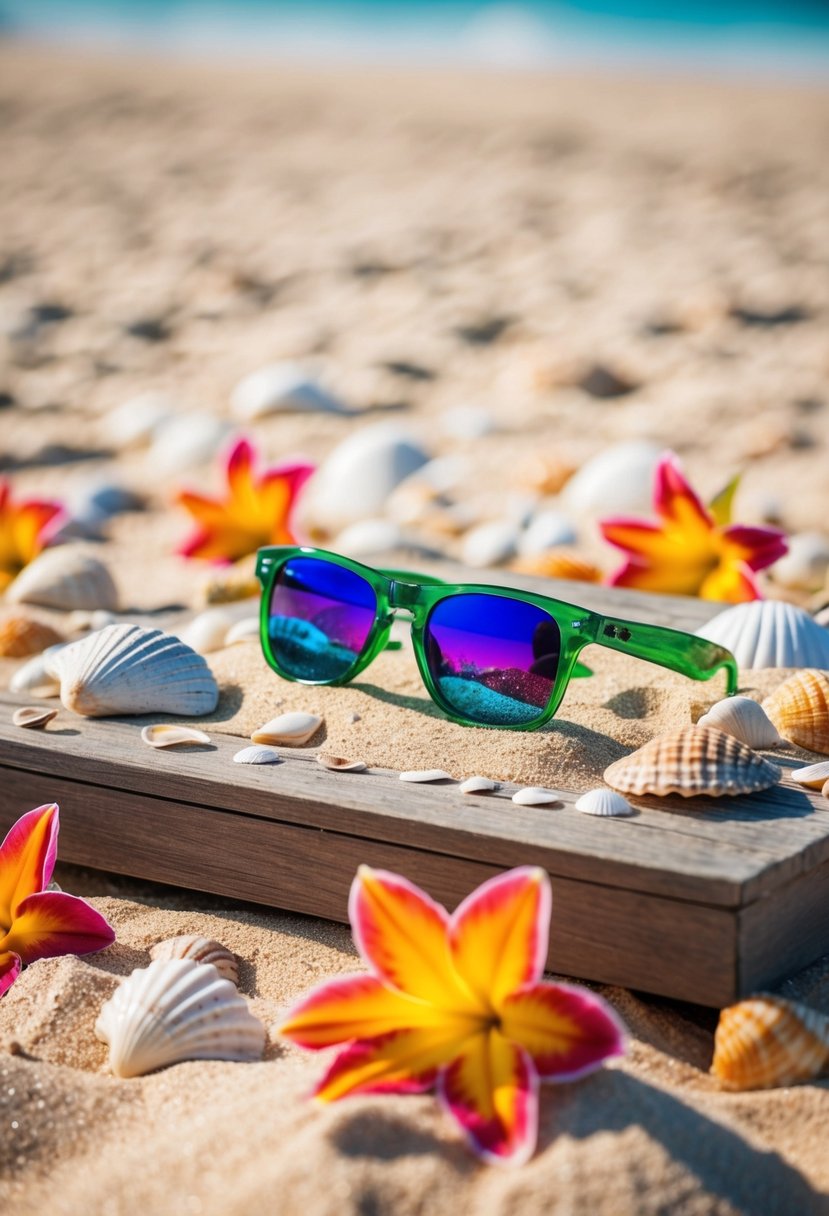 A sandy beach with colorful sunglasses scattered on a wooden table, surrounded by seashells and tropical flowers