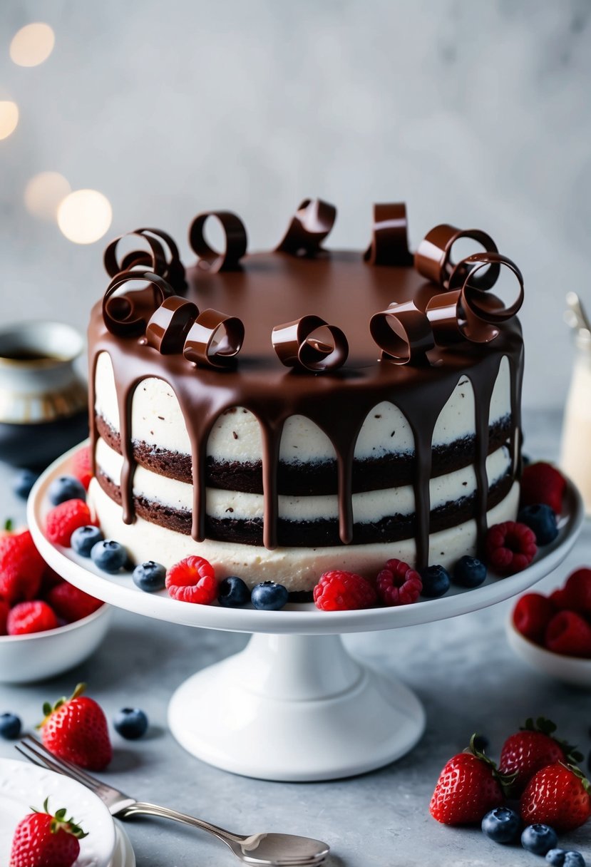 A decadent triple chocolate cake with ganache sits on a white cake stand, adorned with delicate chocolate curls and surrounded by fresh berries