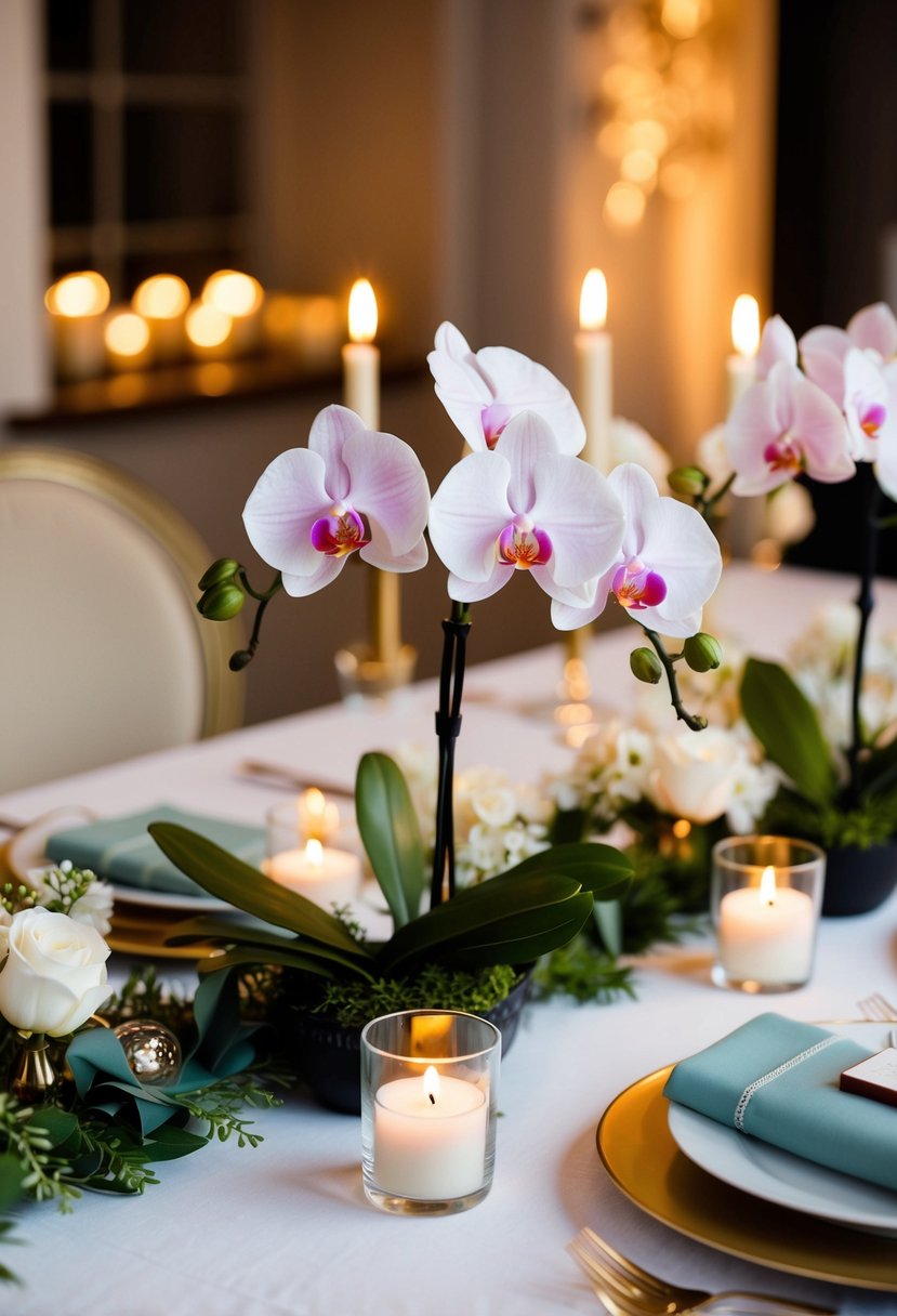 A table set with orchid tea light holders, surrounded by floral decor and soft candlelight