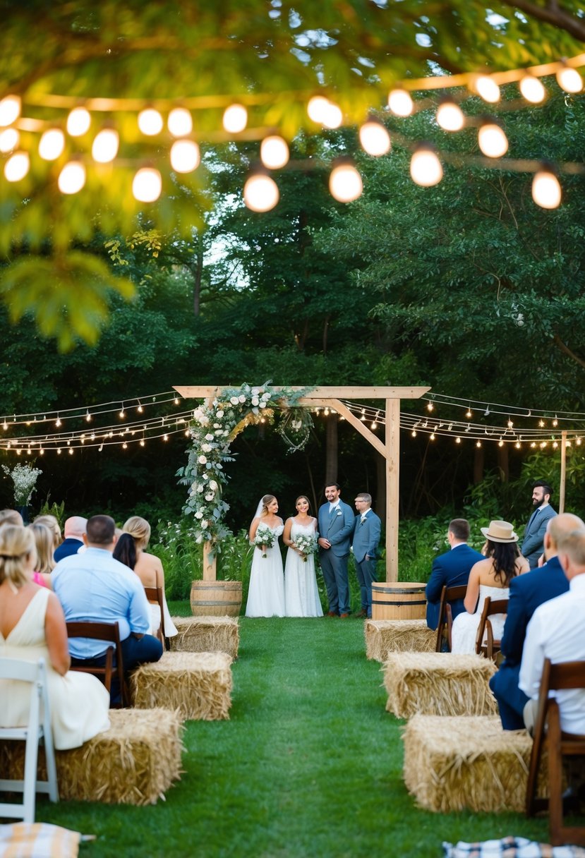 An outdoor garden wedding with string lights, a rustic wooden arch, and casual seating for guests on hay bales and picnic blankets