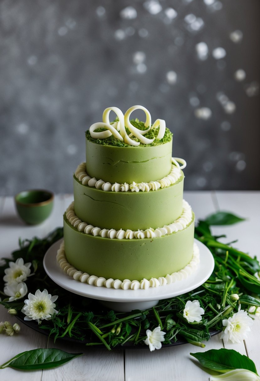 A tiered matcha green tea cake topped with white chocolate curls, surrounded by delicate green tea leaves and white flowers