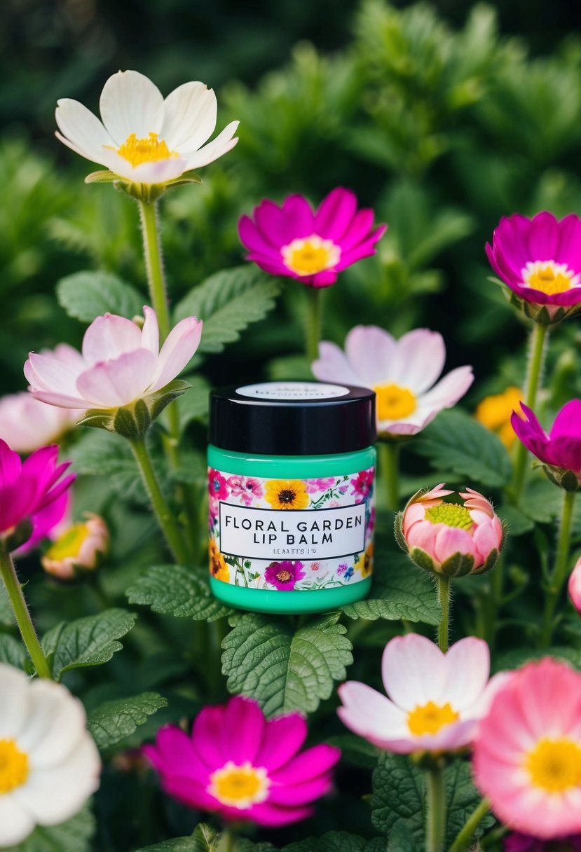 A colorful array of blooming flowers surrounds a jar of floral garden lip balm, set against a backdrop of lush greenery