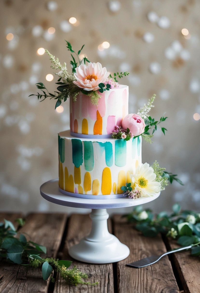 A whimsical watercolor cake with colorful brushstrokes, adorned with delicate flowers and greenery, set on a rustic wooden table