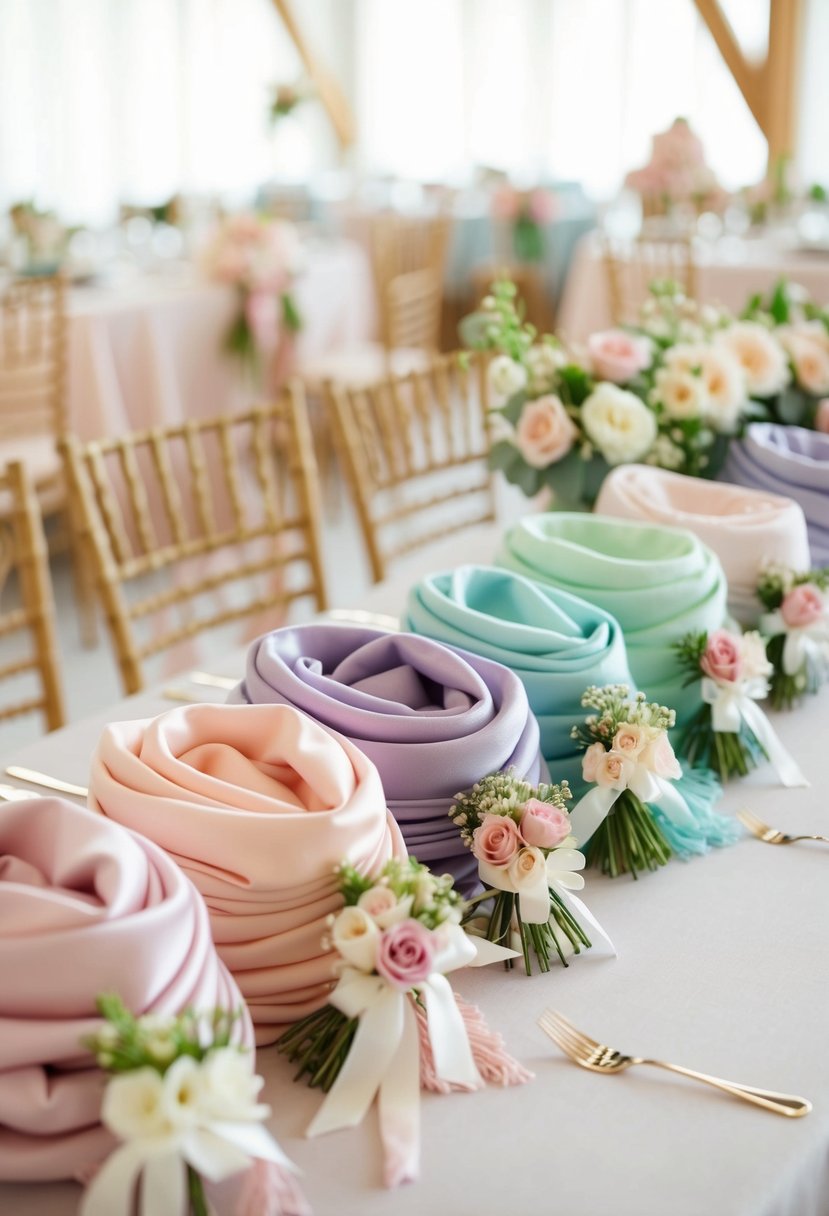 A table set with delicate pashmina shawls in pastel colors, adorned with floral accents and ribbons, displayed as wedding favors