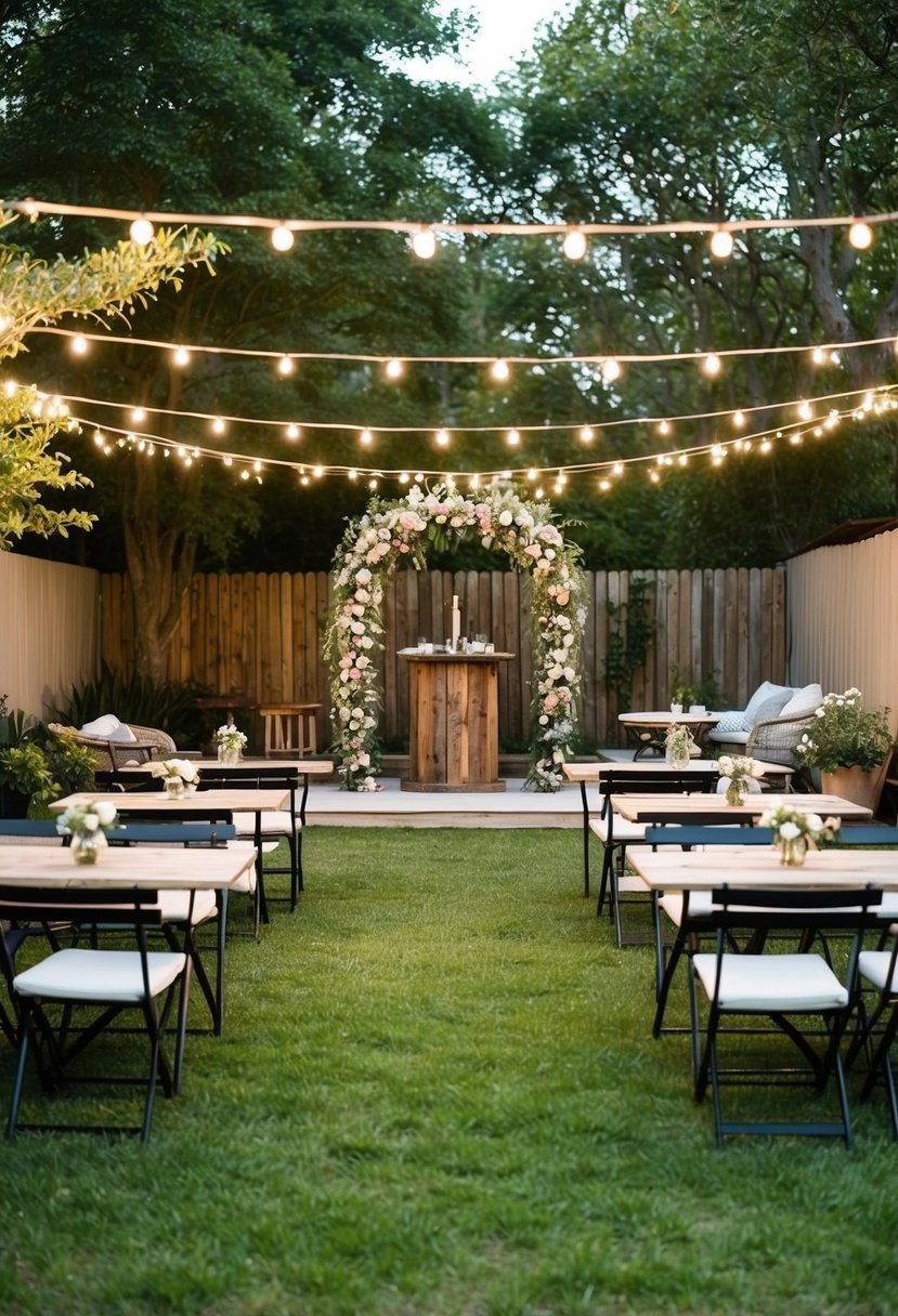 A cozy backyard with string lights, a rustic wooden altar, and a floral arch surrounded by bistro tables and chairs