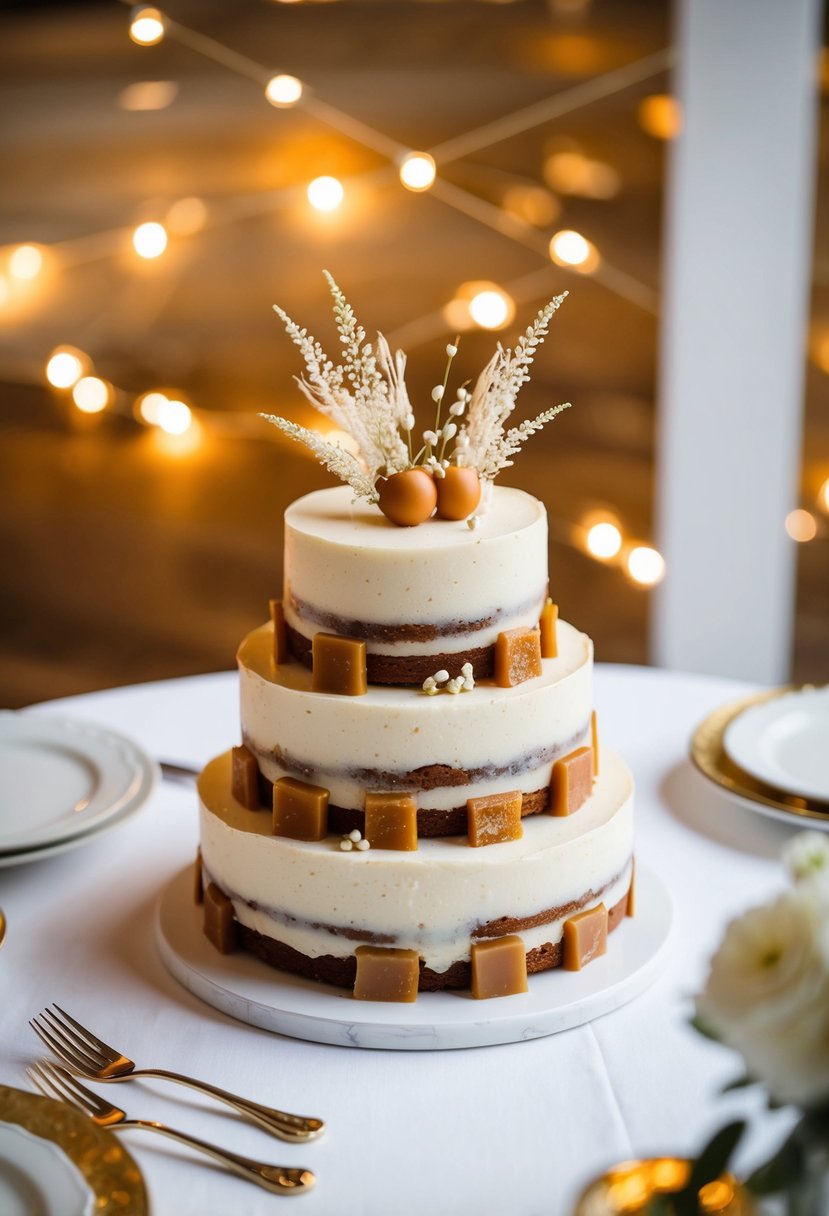 A small wedding cake with layers of salted caramel and toffee pieces, adorned with delicate frosting and elegant decorations