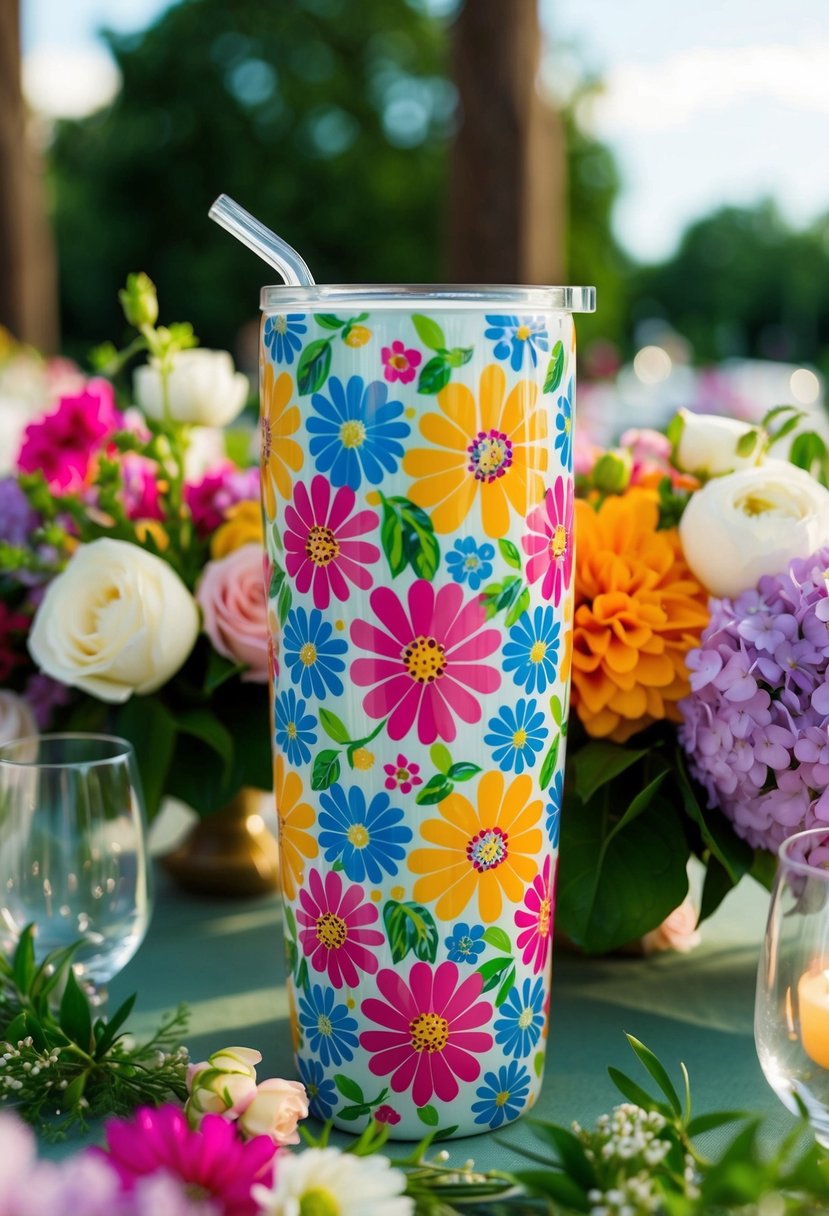 A colorful tumbler adorned with vibrant flower patterns, surrounded by blooming flowers and greenery, set on a table at an outdoor wedding reception