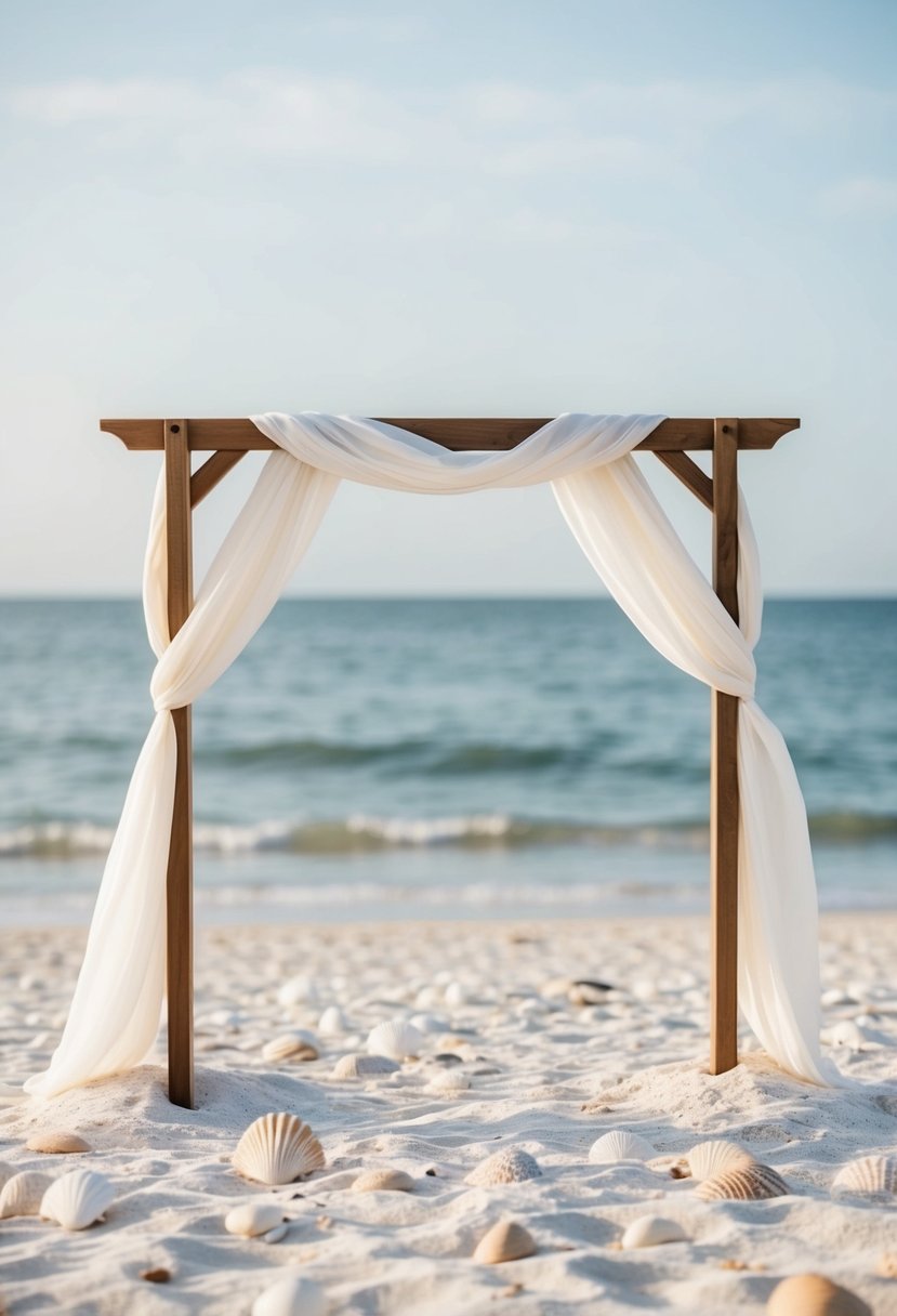 A serene beach with a simple wooden arch adorned with flowing white fabric, surrounded by scattered seashells and soft, sandy ground