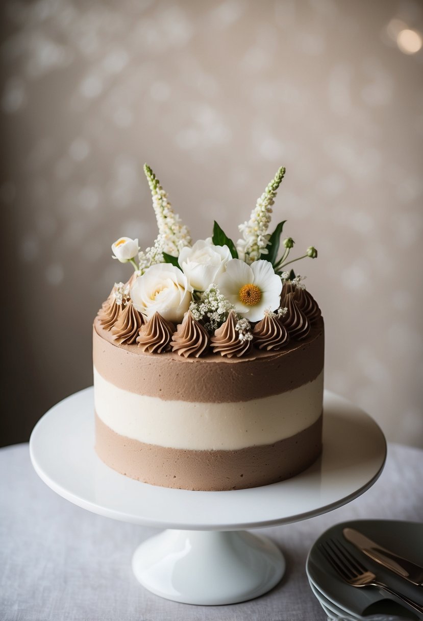 A mocha vanilla wedding cake topped with coffee buttercream, adorned with delicate flowers and elegant piping, displayed on a simple white cake stand