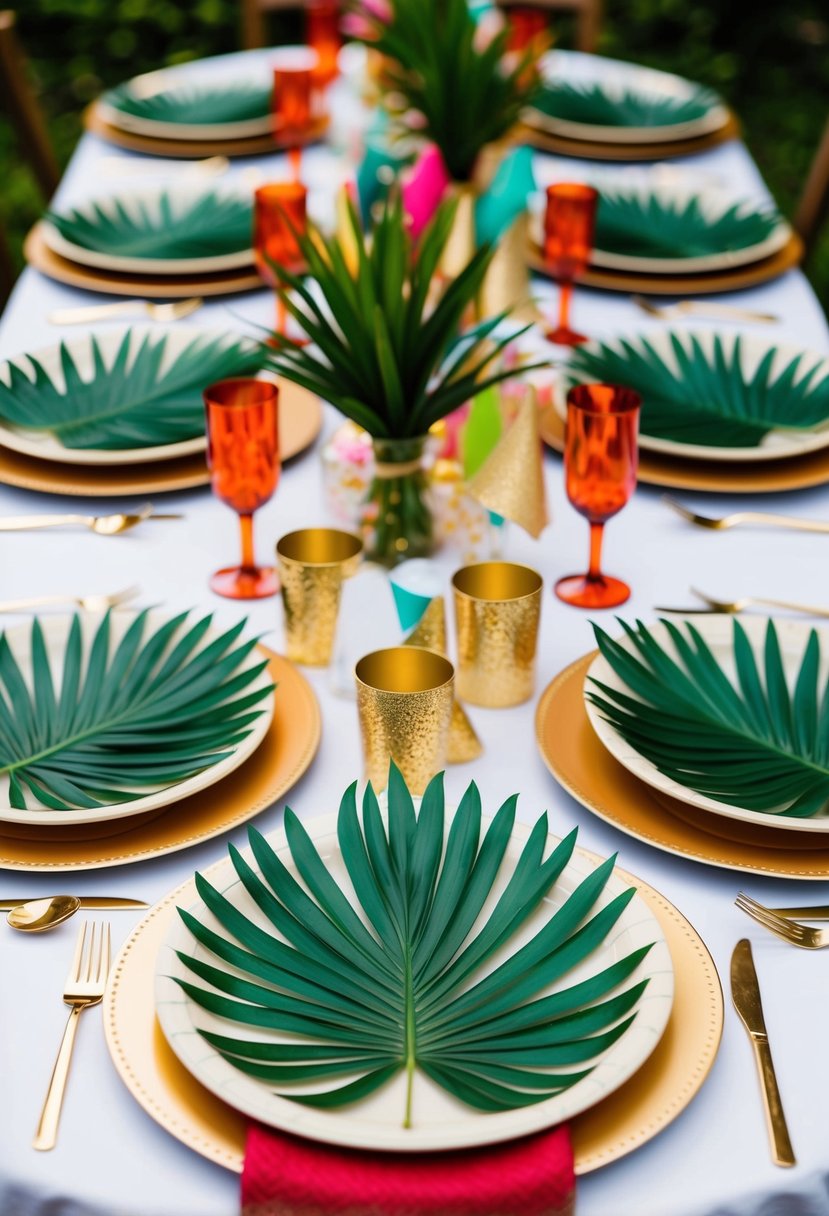 A festive table adorned with palm leaf plates, napkins, and party favors