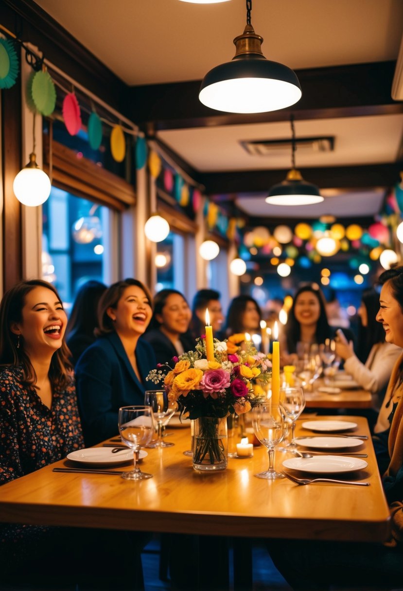 A small, warmly lit restaurant filled with laughter, colorful decorations, and tables adorned with flowers and candles