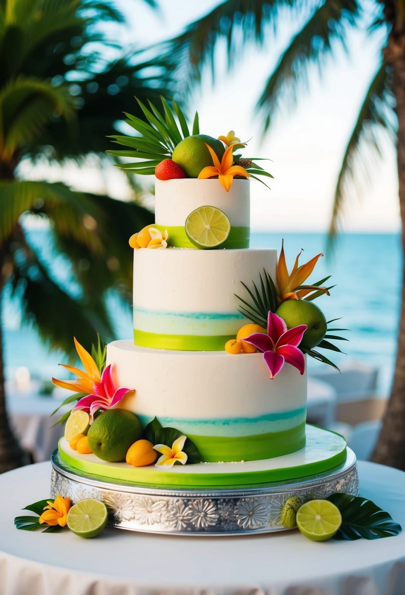 A tropical-themed wedding cake with coconut lime flavor, adorned with vibrant fruits and flowers