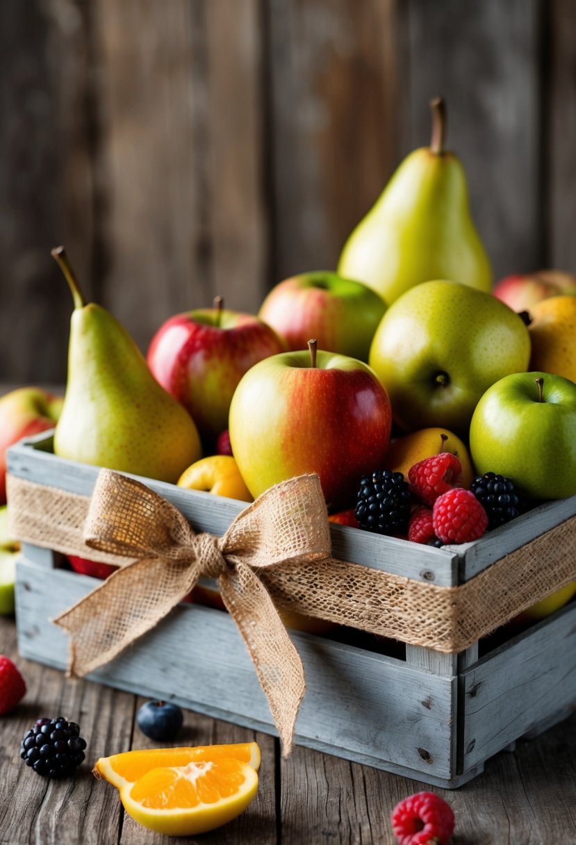 A rustic wooden crate filled with colorful, in-season fruits such as apples, pears, and berries, tied with a burlap ribbon