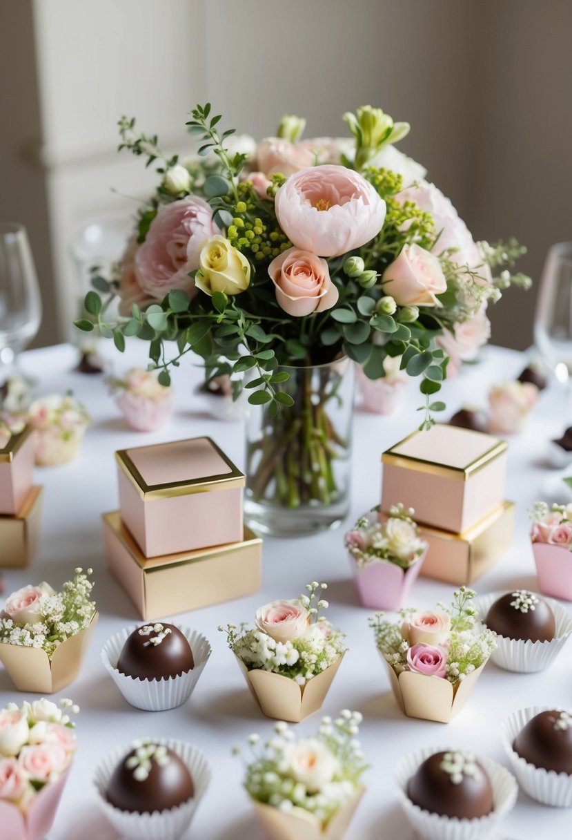 A table adorned with pastel floral chocolates and greenery, arranged in elegant packaging for a wedding favor display