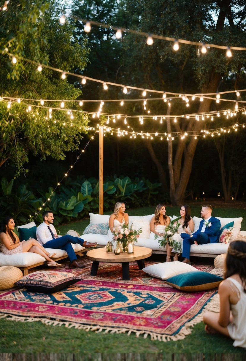 Elevated rugs create a cozy, bohemian vibe at a casual outdoor wedding. Guests lounge on cushions, surrounded by twinkling lights and lush greenery