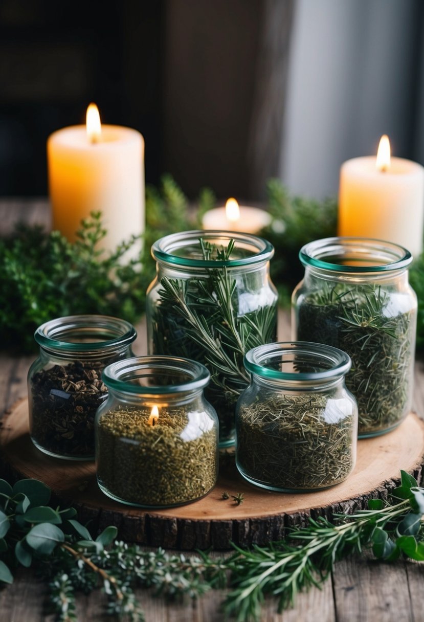 Jars of dried herbs arranged on a rustic wooden table, surrounded by greenery and soft candlelight