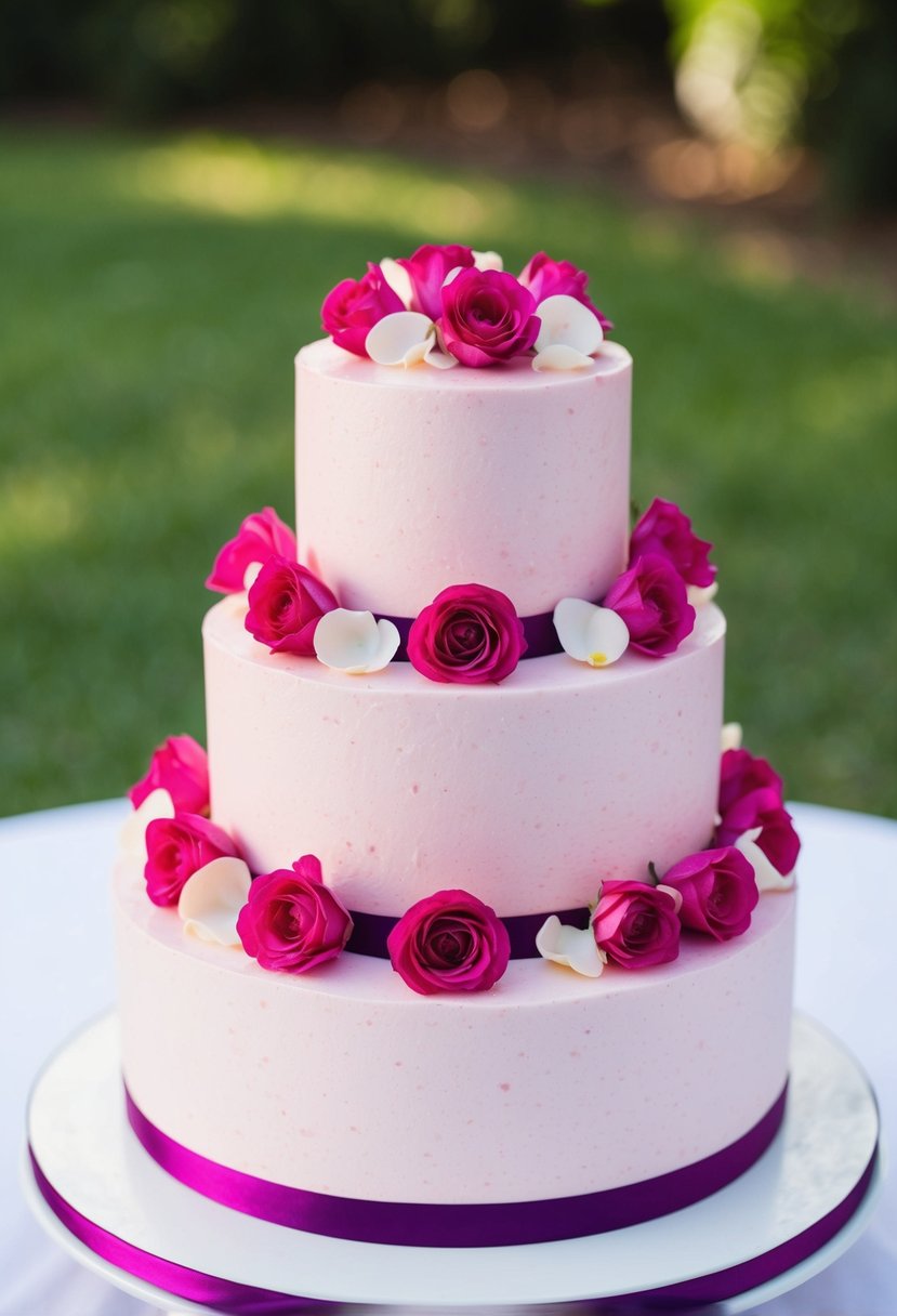 A three-tiered cake covered in pink raspberry frosting, adorned with delicate rose petals