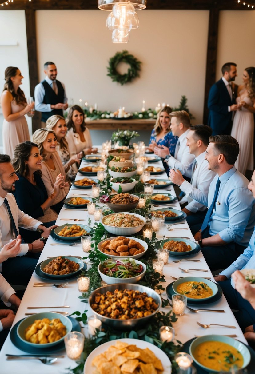 A long table adorned with rustic decor and filled with an array of comfort food dishes, surrounded by casual wedding guests chatting and enjoying the laid-back atmosphere