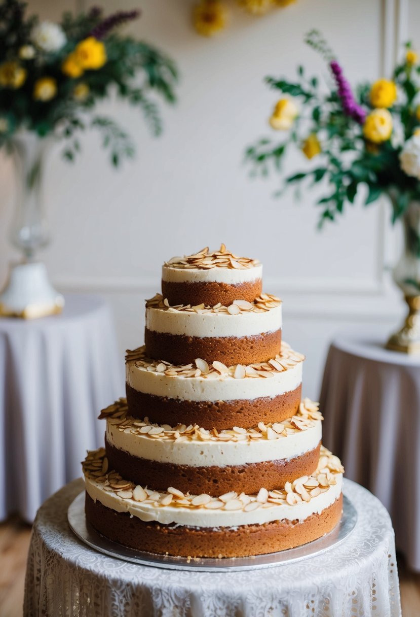 A tiered almond amaretto cake adorned with slivered almonds, set on a decorated table with floral accents