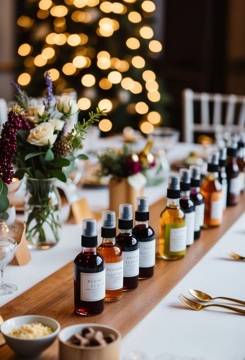 A table adorned with assorted seasonal wedding favor ideas, including mini bottles of flavored syrups, herbal tea blends, and artisanal hot chocolate mix