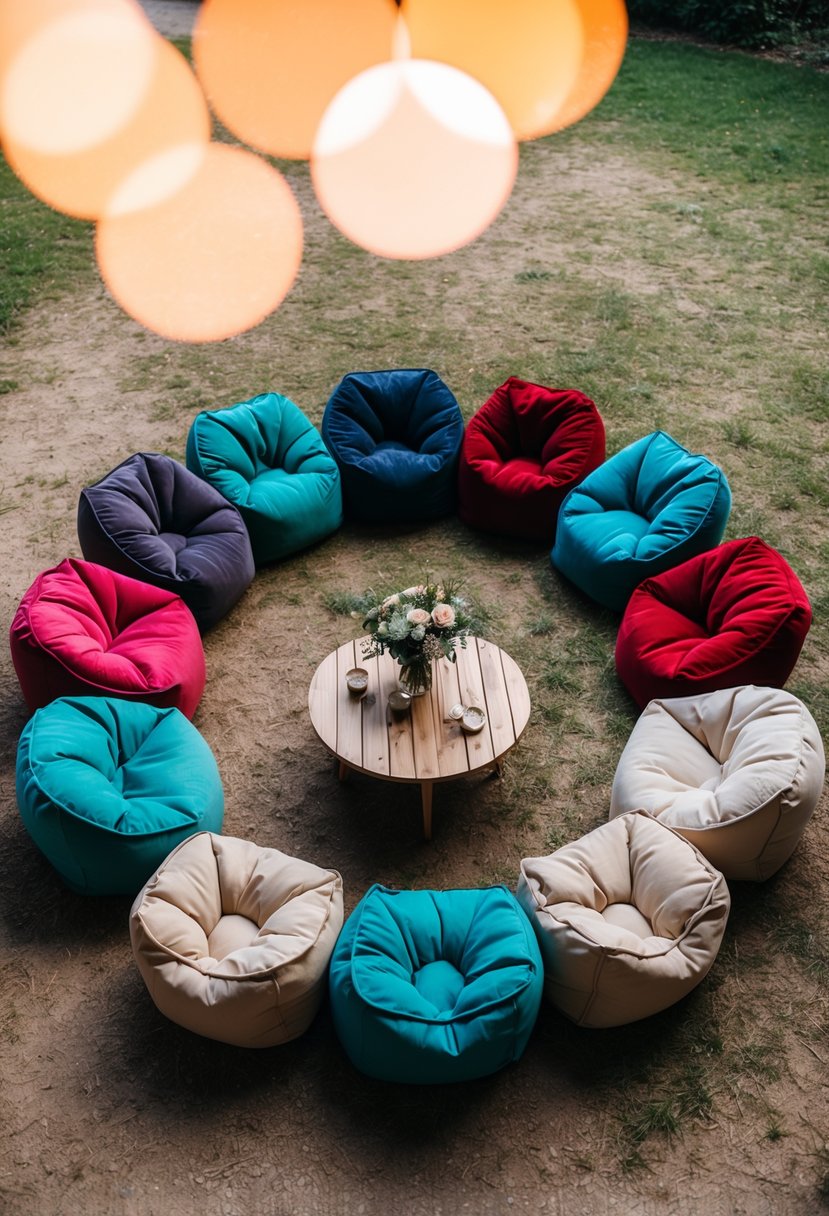 Beanbags and blankets arranged in a circle, creating a cozy seating area for a casual wedding