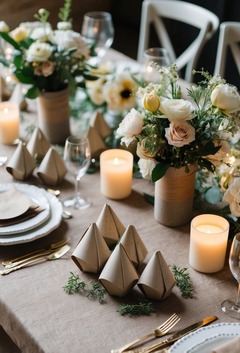 A rustic table adorned with seed paper wedding favors in seasonal shapes, surrounded by delicate floral arrangements and soft candlelight