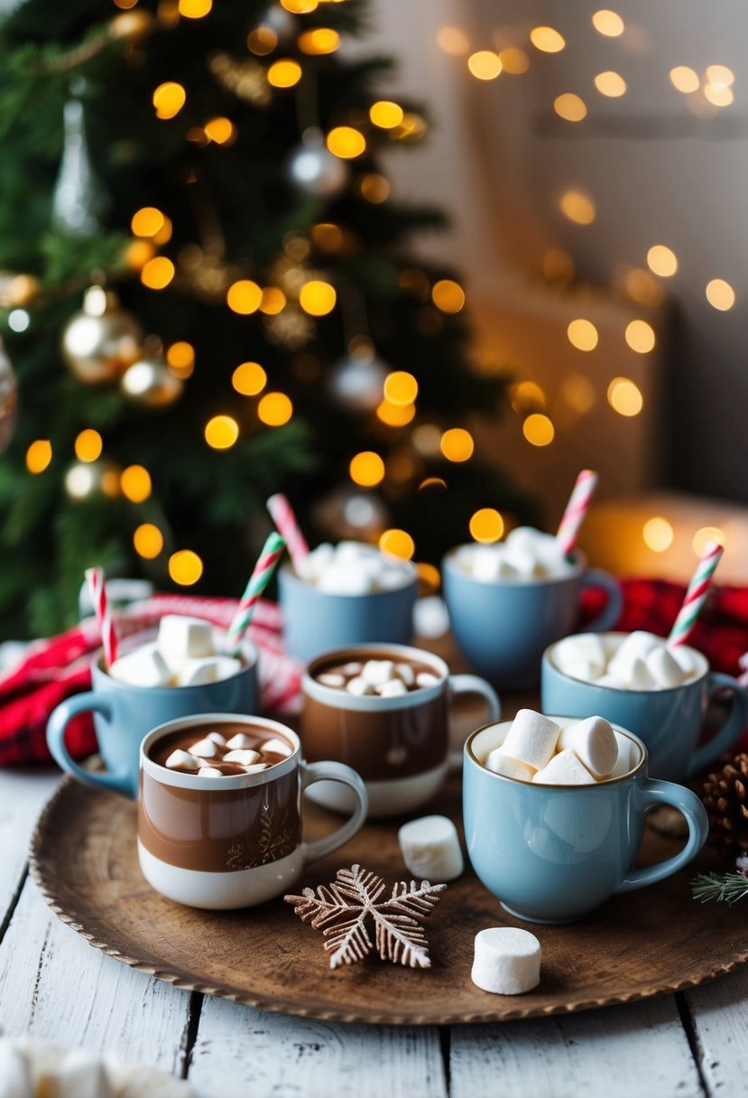 A cozy winter scene with a rustic table set with hot chocolate kits, marshmallows, and festive decorations