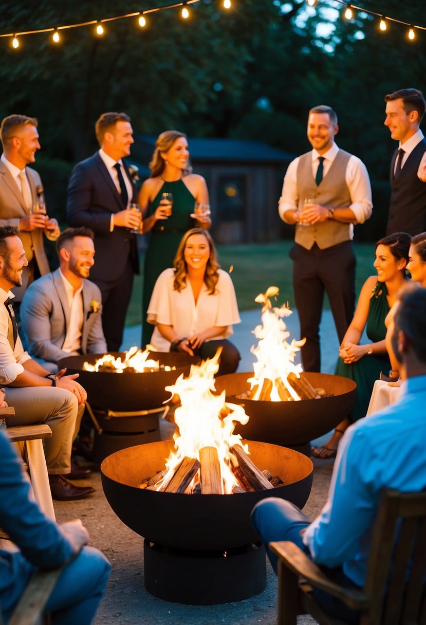 A group of people gather around fire pits, chatting and laughing, as the warm glow creates a relaxed and casual atmosphere for a wedding celebration