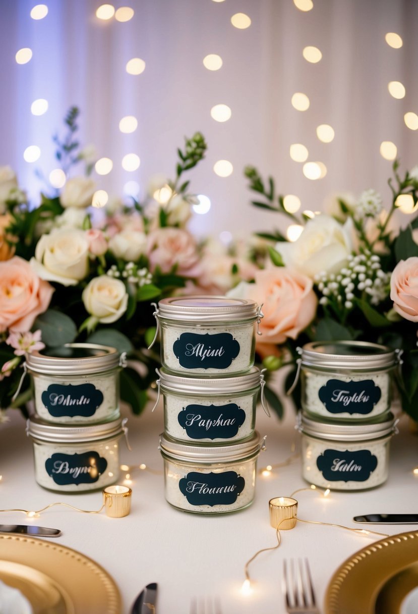 A table adorned with elegant jars of personalized mints, surrounded by delicate floral arrangements and twinkling fairy lights