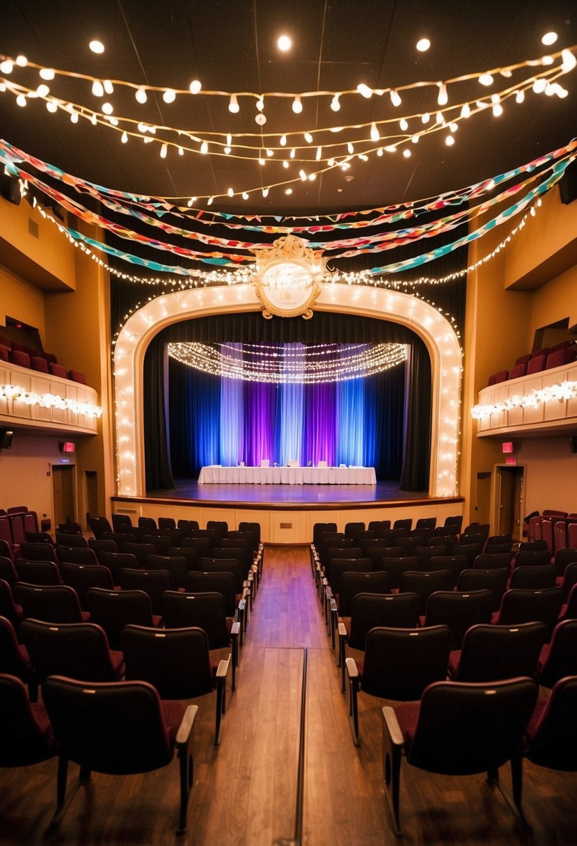 A theater decorated with twinkling lights and colorful streamers, with rows of empty seats and a stage set for a casual wedding ceremony