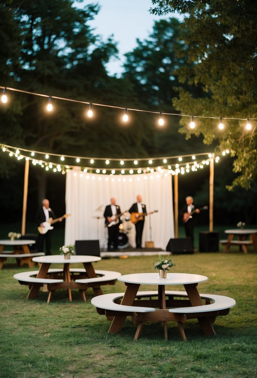 A rustic outdoor setting with string lights, picnic tables, and a small stage for a live band. A casual and affordable wedding at a local VFW or Elks club