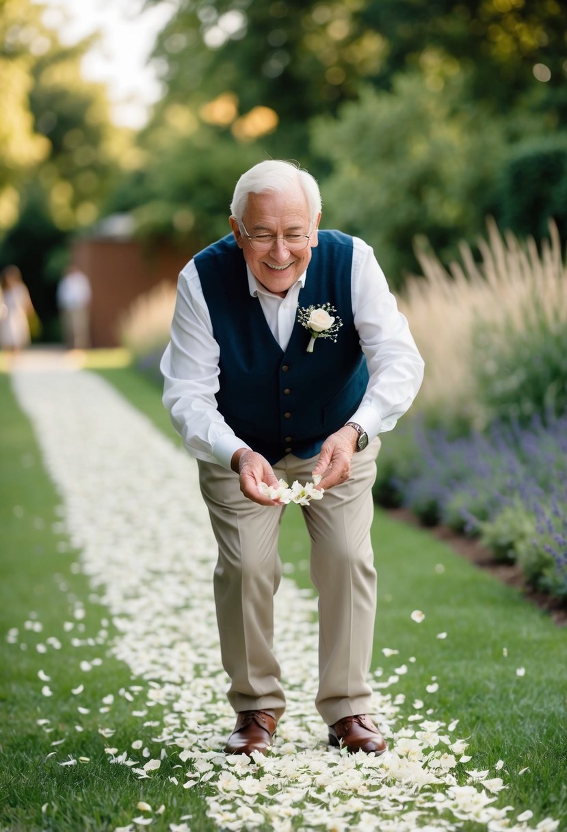 A senior citizen happily scattering flower petals along a garden path at a casual wedding