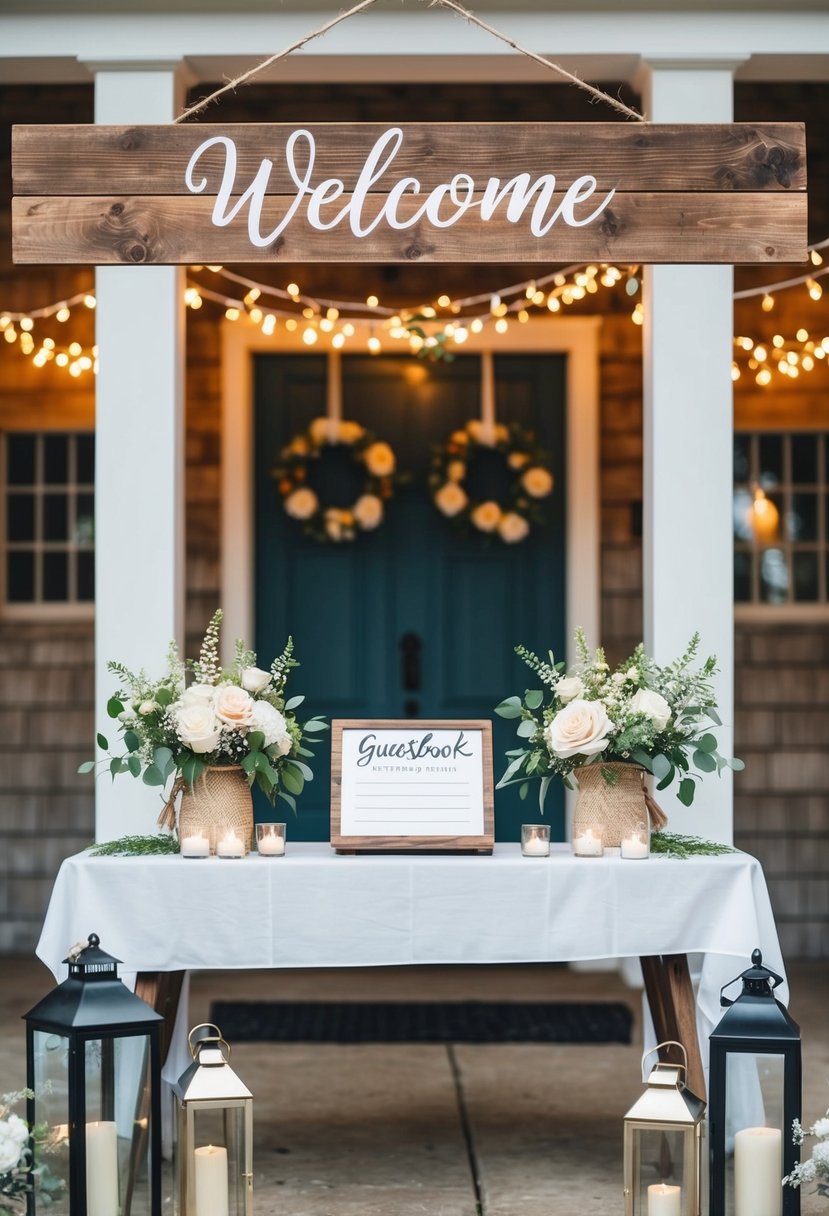 A rustic wooden sign hangs above a table with a guestbook and flower arrangements. Lanterns and string lights adorn the entryway, welcoming guests to a casual wedding celebration