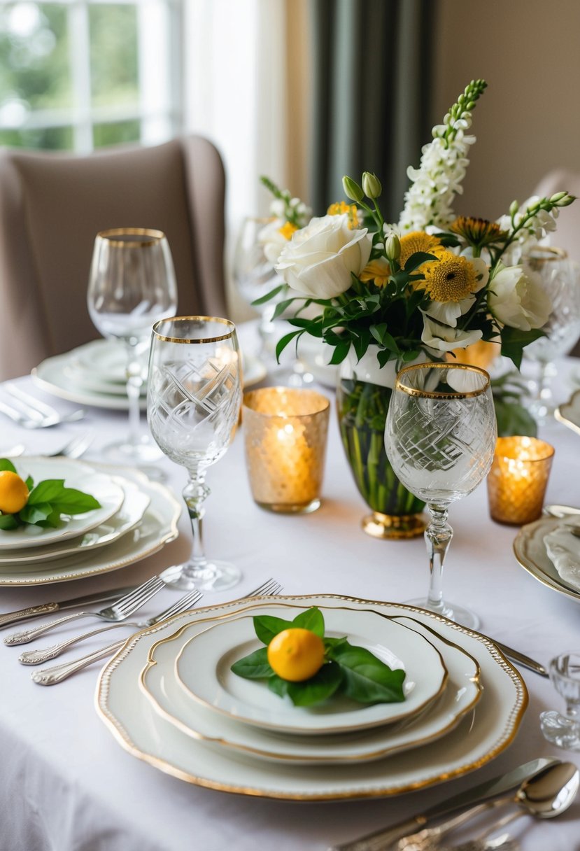 A beautifully set table with elegant dinnerware, glassware, and silverware. A vase of fresh flowers and a decorative centerpiece complete the scene