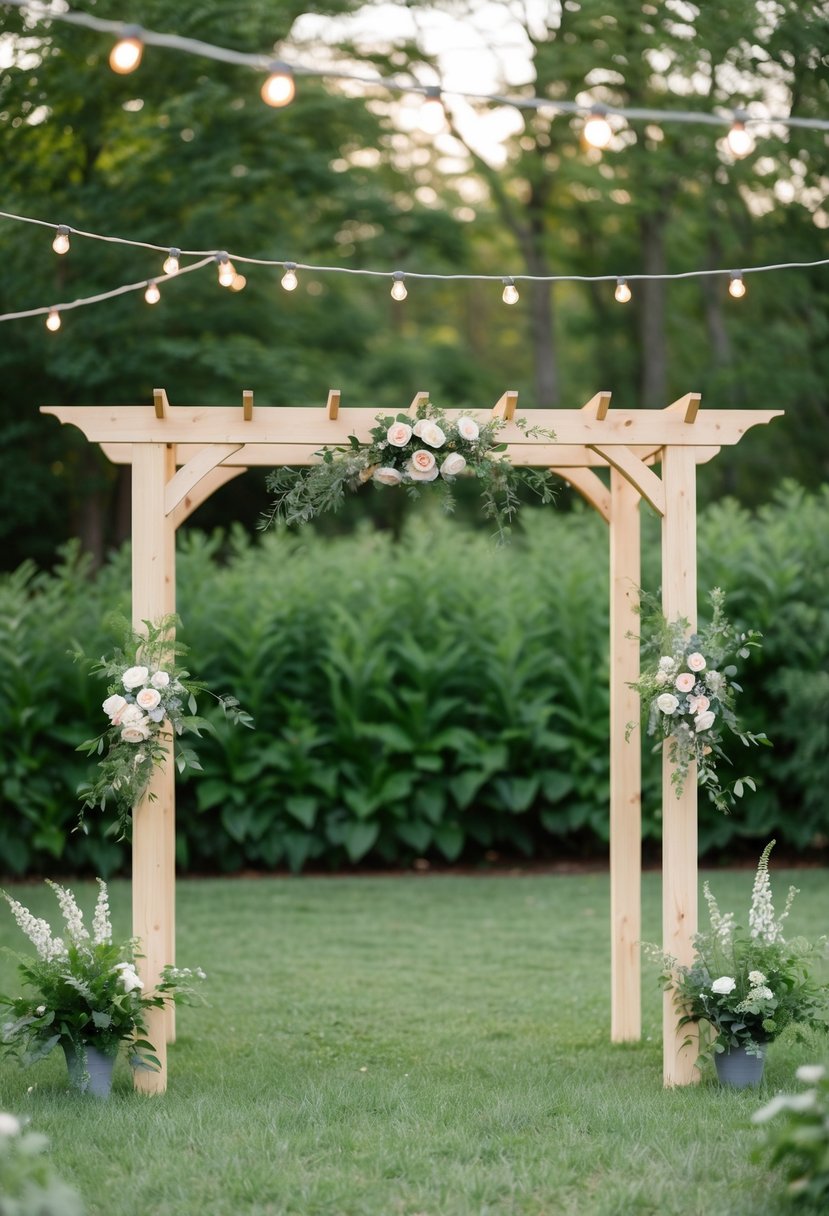 A serene outdoor setting with a simple wooden arbor adorned with flowers, surrounded by lush greenery and twinkling string lights