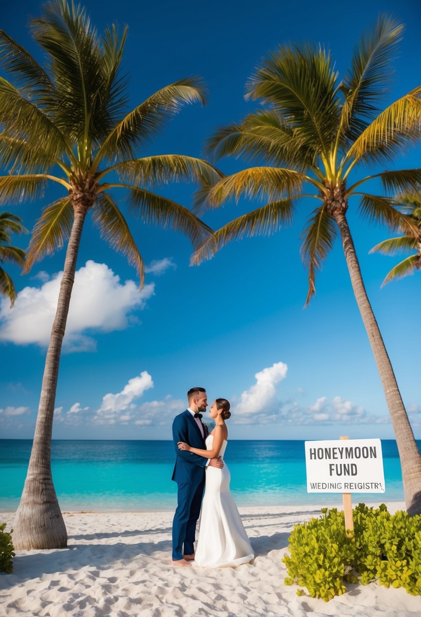 A couple standing on a beach, surrounded by tropical palm trees and a clear blue ocean, with a sign for a "Honeymoon Fund" wedding registry