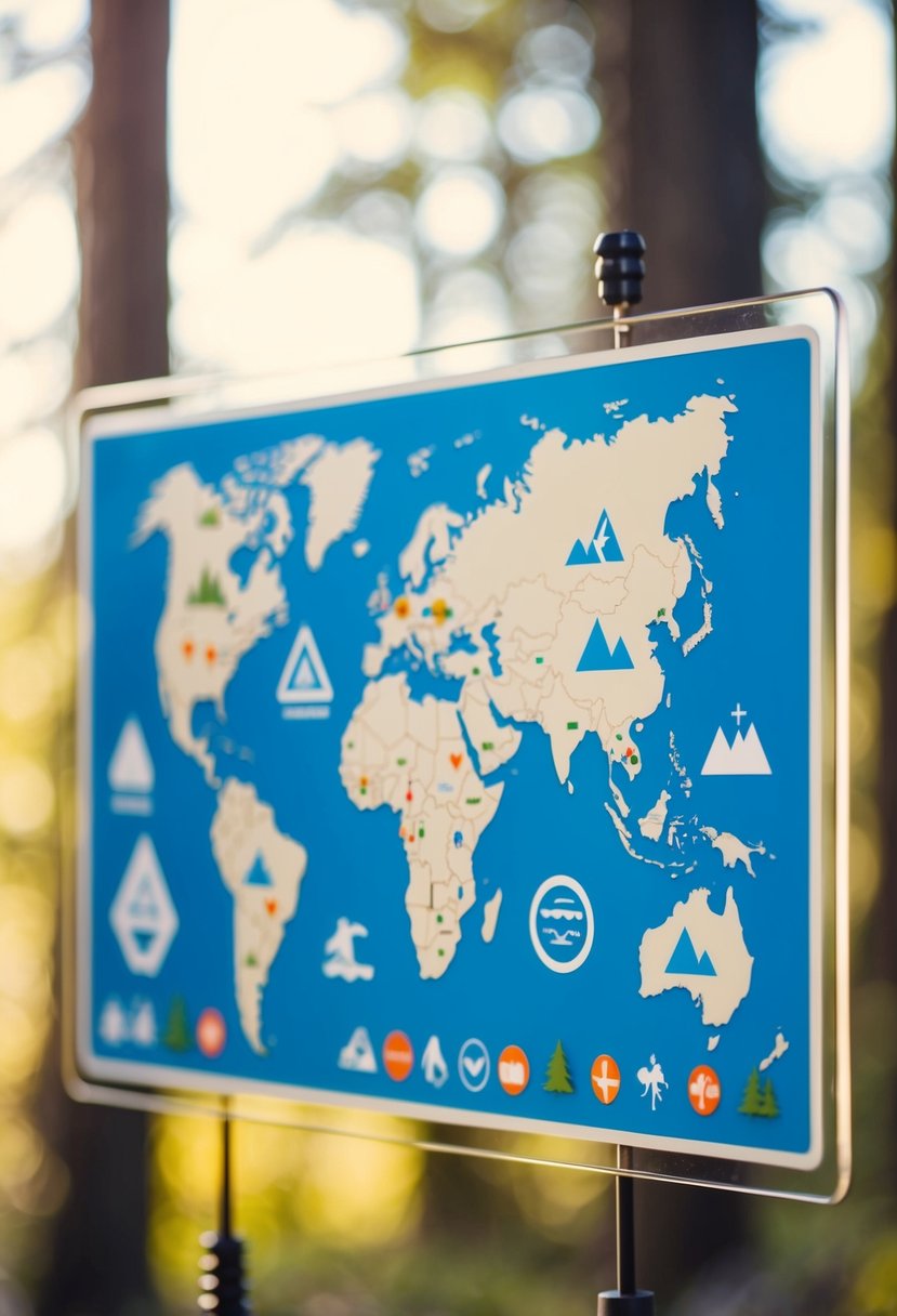 A map with icons representing adventure activities, travel destinations, and outdoor gear